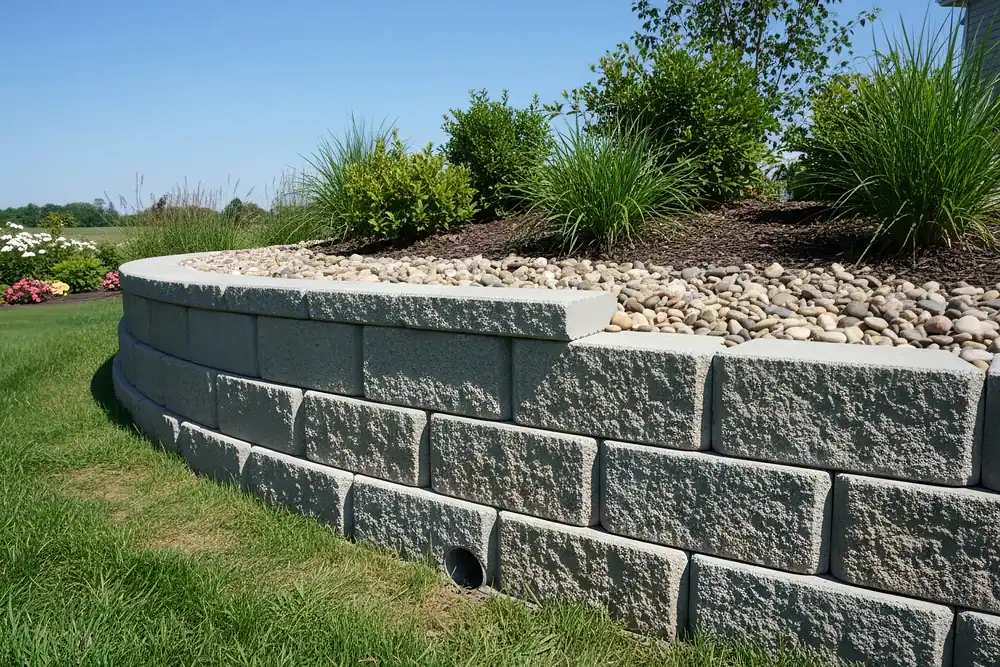 A curved stone retaining wall, crafted by a leading construction company in Morris & Essex County, is topped with decorative rocks and landscaped with green shrubs and grasses under a clear blue NJ sky. Lush grass surrounds the base of the wall.