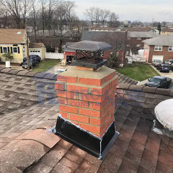 A brick chimney with a black metal cap and flashing is installed on a shingled roof by a trusted construction company in Morris & Essex County, NJ. The chimney flashing is sealed with white caulk. Suburban houses and cars are visible in the background.
