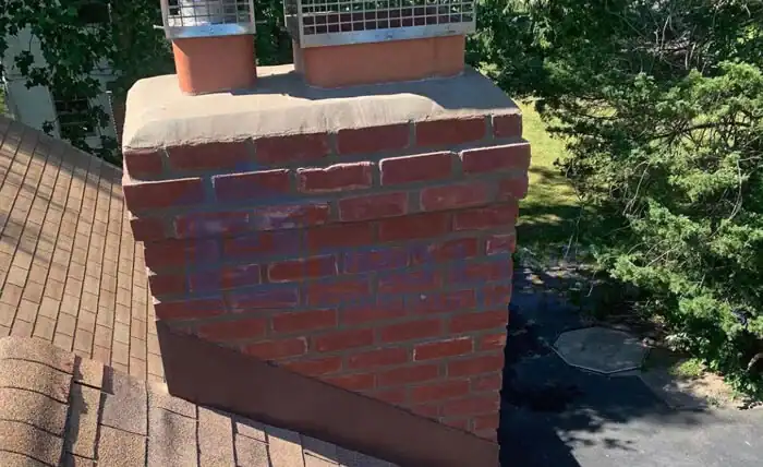 A red brick chimney with two metal chimney caps sits on a sloped shingle roof, surrounded by green trees and a paved area below—expertly built by a construction company serving Morris & Essex County, NJ.