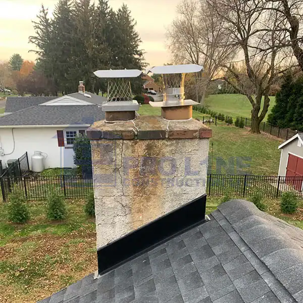 A brick chimney with two metal chimney caps is seen from a rooftop, overlooking a yard with grass, trees, a white house, and a red shed in the background—expertly crafted by a construction company in Morris & Essex County, NJ.