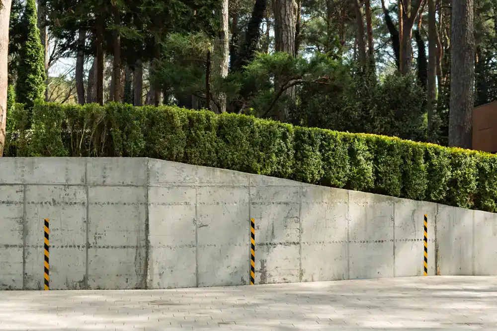 A sloped concrete wall stands in front of neatly trimmed green hedges and tall trees&mdash;quality work typical of a construction company in Morris & Essex County, NJ. In front of the wall, two short posts with black and yellow stripes sit on a paved surface.