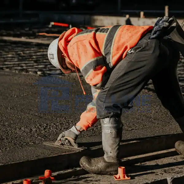 A construction worker in an orange safety jacket and white helmet smooths wet concrete with a trowel at an NJ construction company site in Morris & Essex County.