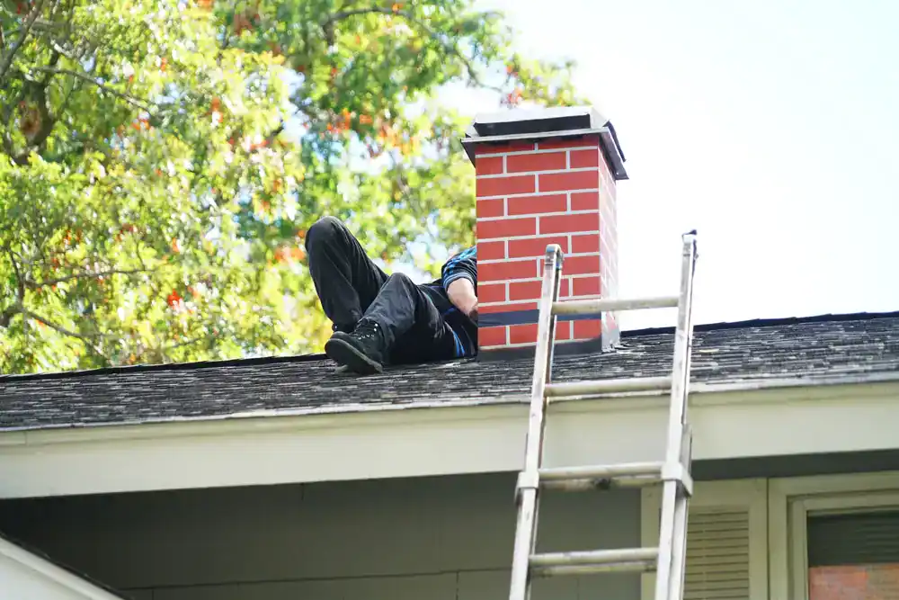 A person sits on a house roof next to a red brick chimney, partially hidden behind it, with a ladder propped against the roof and green trees in the background—typical of many NJ construction company projects in Morris & Essex County.