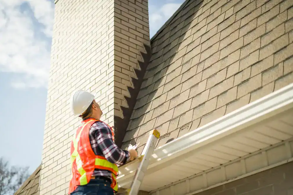A construction worker in a safety vest and hard hat stands on a ladder, inspecting the roof and chimney of a house on a sunny day for a construction company in Morris & Essex County, NJ.