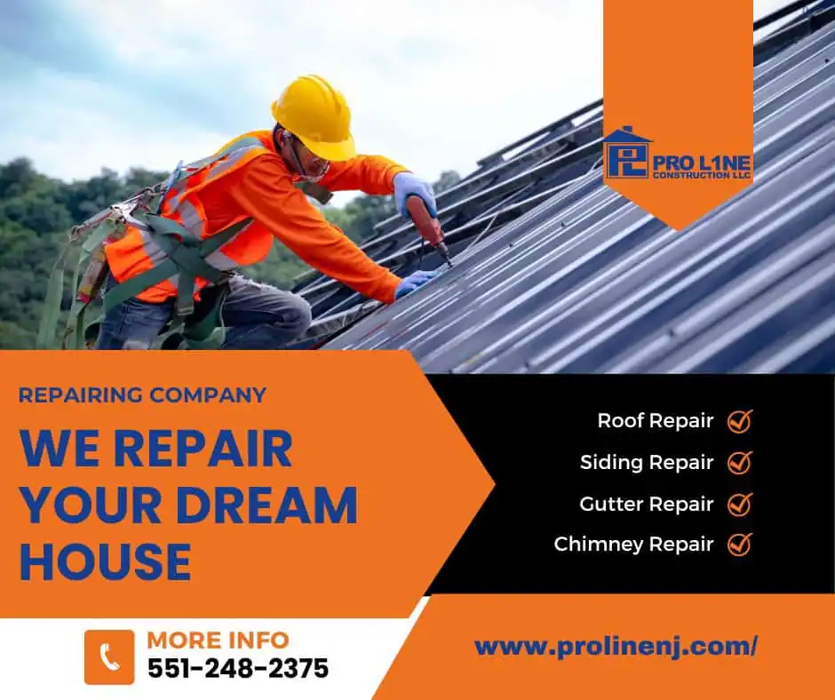 A construction worker in a yellow helmet and orange vest repairs a roof. Text highlights roofing, siding, gutter, chimney repair services in NJ and displays contact info for Pro Line Construction LLC—your trusted construction company Morris & Essex County.