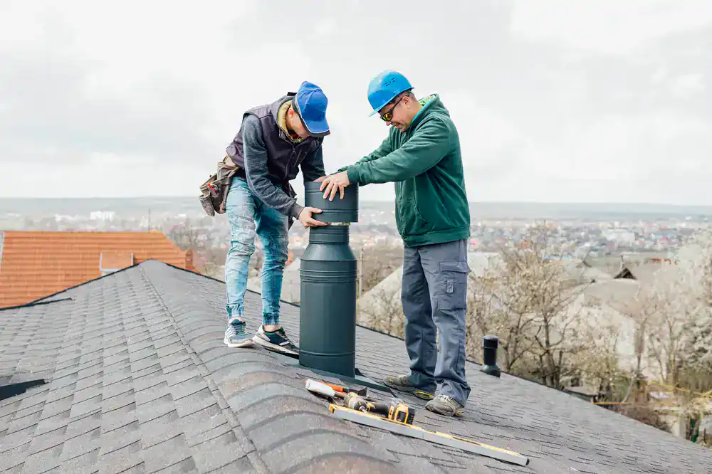 Two workers in safety gear, from a leading construction company in Morris & Essex County, NJ, install a black metal chimney pipe on a shingled rooftop, with tools nearby and a cityscape in the background on a cloudy day.