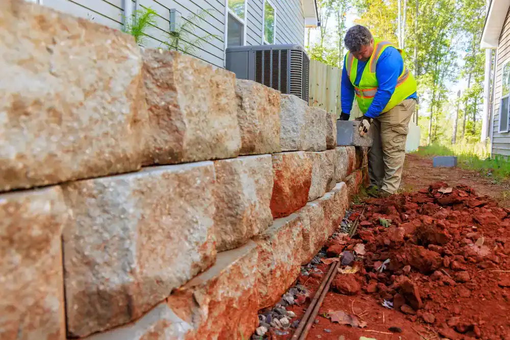 A worker in a yellow safety vest builds a stone retaining wall alongside a house, surrounded by red soil and materials—a typical scene for an NJ construction company in Morris & Essex County. Trees and another house are visible in the background.
