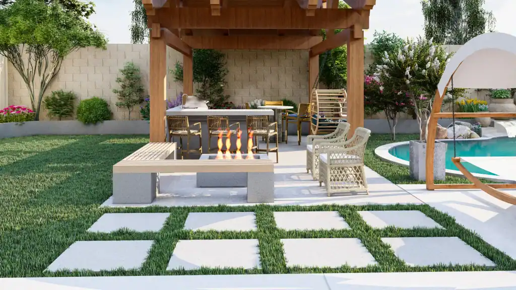 A modern backyard patio features a wooden pergola over an outdoor dining area, a fire pit with a bench, wicker chairs, a pool, a hammock, and landscaped greenery.
