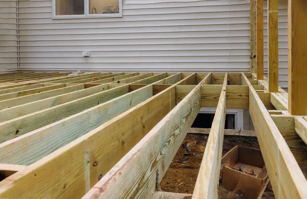 A wooden deck frame under construction is attached to a house with beige siding. Exposed beams and joists are visible, and a cardboard box is on the ground below the structure.